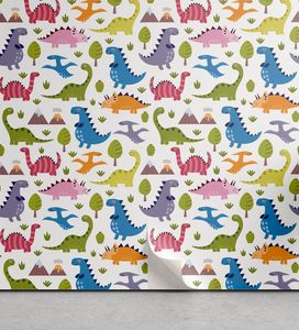 ABAKUHAUS Dino abziehbare & klebbare Tapete für Zuhause, Dinosaurier Bunte, selbstklebendes Wohnzimmer Küchenakzent, 33 cm x 90 cm, Mehrfarbig
