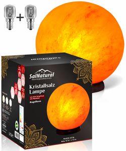 SalNatural Salzlampe Kugelform  Ø 15 cm, Salz Planet Salzkristalllampe aus der Salt Range Punjab ( bekannt als Himalaya Salz) incl. 1.5 m Spezialkabel + 2x Leuchtmittel 15W. Premium Geschenkbox