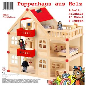 Holz Puppenhaus mit 15 Möbeln, 4 Figuren und 3 Etagen