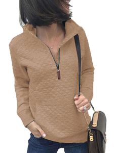 Frauen Kragen Pullover Zip Up Sweater Casual Langarm Sweatshirt Pullover Tasche,Farbe: Aprikose,Größe:XL