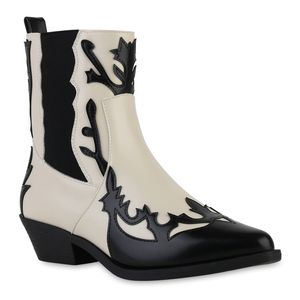VAN HILL Damen Cowboy Boots Stiefeletten Spitze Schuhe 840899, Farbe: Schwarz Beige, Größe: 37