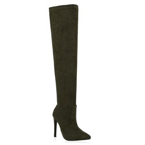 Mytrendshoe Damen Stiefel Overknees Stiletto High Heels Boots Absatzschuhe 832627, Farbe: Olivgrün, Größe: 37