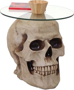 Beistelltisch Totenkopf HWC-A19, Glastisch Wohnzimmertisch Couchtisch Totenschädel, Polyresin rund Ø55cm natur