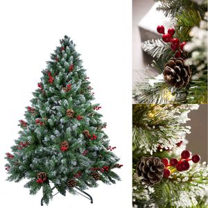 Weihnachtsbaum Grün mit Schnee 150cm (Ø ca. 100cm) mit ca. 450 Spitzen Rot Beeren Echt Kiefernzapfen Künstlicher Tannenbaum inkl. Ständer Christbaum Kunstbaum PVC PE Metall