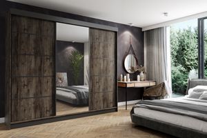 Schiebetürenschrank AMO 250x200, Kleiderschrank, 3-türig, mit Spiegel - Esche dunkel (Korpus, Tür) + Schwarz (Lamellen und Leisten)