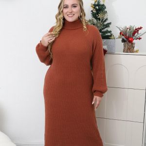 Plus-Size-Pulloverkleid für Damen, einfarbig, mit Laternenärmeln und Rollkragen, leicht dehnbar, Maxi-Pulloverkleid