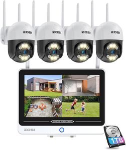 ZOSI 3MP Außen WLAN Überwachungskamera Set mit 12,5 Zoll Monitor und 4 Stück 3MP PTZ WiFi Domekamera und 1TB Festplatte für Haussicherheit