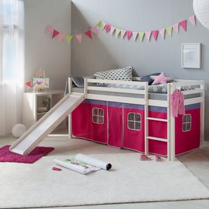 Homestyle4u 1545, Detská podkrovná posteľ so šmykľavkou, rebrík, záclona ružová, masívne drevo biela borovica, 90x200 cm