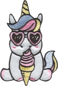 Einhorn mit Sonnenbrille und Eis - Aufnäher, Bügelbild, Aufbügler, Applikationen, Patches, Flicken, Größe: 5,3 x 8 cm