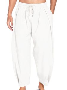 Herren Sommer Baumwolle Leinen Haremshose Lässige Lockere Solide Elastische Taille Shorts,Farbe: Weiß,Größe:XL