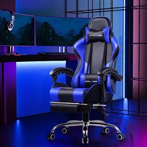 GTPLAYER Gaming Stuhl mit Fußstütze und Massage-Lendenkissen Bürostuhl Zocker Stuhl Ergonomischer Gamer Stuhl mit Verbindungsarmlehnen bis 150kg belastbar  BLAU