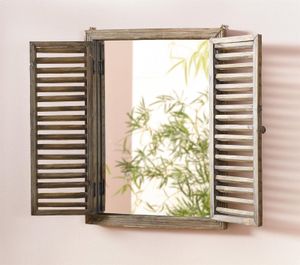 Holzspiegel "Fenster" im Antik Design mit Klappläden, braun, Wandspiegel