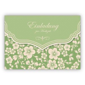 Elegante Retro Einladungskarte für Brautpaare mit Kirschblüten Muster grün: Einladung zur Hochzeit