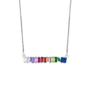Damen-Halskette mit Regenbogen-Zirkonia-Stab, geometrischem Anhänger, Halskette, Schmuck, Geschenk-Silber