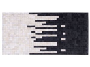 Teppich Schwarz mit Beige 80 x 150 cm aus Leder Abstrakt Patchwork Rechteckig Modern