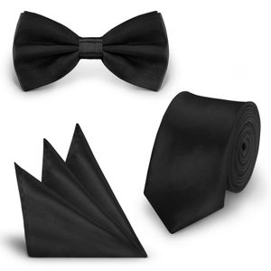 SET Krawatte Fliege Einstecktuch Schwarz  einfarbig uni aus Polyester