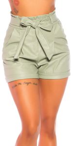 Kunstleder High Waist Hotpants mit Paperbag-Bund und Gürtel, Farbe: Khaki, Größe: S