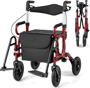 COSTWAY 2in1 Rollator & Rollstuhl faltbar mit Sitz, Luftbereifung, Tasche & Stockhalter, Gehhilfe 6-fach höhenverstellbar bis 140kg Alu Rot