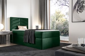 Box spring posteľ PEDRO s 1 posteľným roštom, čalúnená posteľ, rozmery: 90 x 200 cm, farba: zelená, velúrová látka, jednolôžko s matracom Bonell vrátane toppera