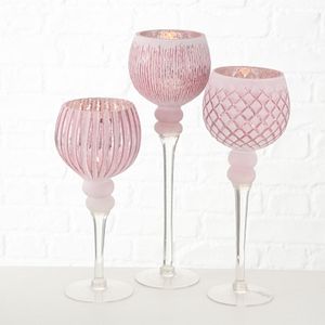 Windlicht Pokal Teelichthalter  aus Glas rosa  H 30 - 40 cm 3er Set