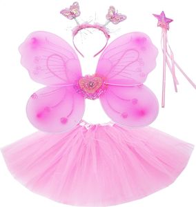 Feen kostüm kinder für Mädchen - Schmetterlingsflügel kinder Tutu Zauberstab und Haarreifen - Schmetterlingsverkleidungen - Engelsflügel für Mädchen 3-8 Jahre alt - Farbe Rosa