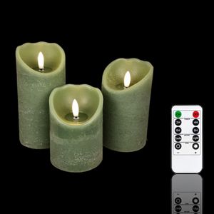 Meisterhome® 3er-Set Flammenlose LED Kerzen mit Timer Grün Stumpenkerze Fernbedienung Batteriebetrieben Warmweiß echten Wachs Dekoration