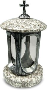 Grablaterne Grablampe Silber mit Granit Sockel Grabschmuck Stilvolle Granitlaterne Elegant Granit Weiss Höhe 28 cm/Ø 15 cm  Grablicht Grableuchte