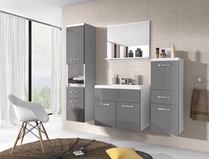 Minio, Badezimmer, Badmöbel Set "ALO", 4-Teilig, mit Waschbecken, Glanzgrau / Weiße Farbe