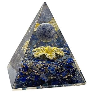 CHONIT Orgonit Pyramide, blau gelb, EMF-Schutz gegen Strahlung, klein mit Bergkristall als Deko für zu Hause