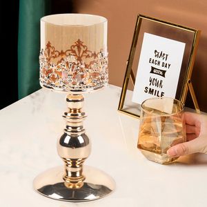 Moderne Exquisite Kerzenständer gold (S) 13 * 13 * 26 cm Eisen + Glas Kerzenleuchter Kerzenhalter Hochzeiten Geburtstage Feste Party Tischdekorationen