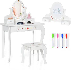 COSTWAY 2 v 1 Dětský toaletní stolek se stoličkou, toaletní stolek s 360° otočným a odnímatelným zrcadlem, bílou tabulí, 3 zásuvkami, 4 popisovači, kosmetický stolek pro princezny pro děti ve věku 3-7 let (bílý)