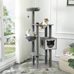 Kratzbaum 160cm, Katzenbaum mit Großer Korb, mehrstöckig Katzenspielturm, Katzen Möbel Mit Transparentes Nest (grau)