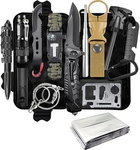 DFITO 13 in 1 Campingausrüstung Kit, Professionelles Notfall Kit, Outdoor Camping Ausrüstung Notfall Gear Kits, Schwarz mit Box