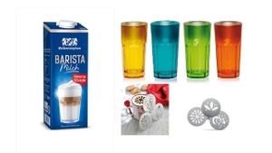 Weihenstephan Barista Milch 3% Fett, haltbare Vollmilch mit Drehverschluss 1l, Milch + + 4 Latte Gläser 380ml metallic Farben siehe Bild 380ml 3 Edelstahlschablonen Weihnachten