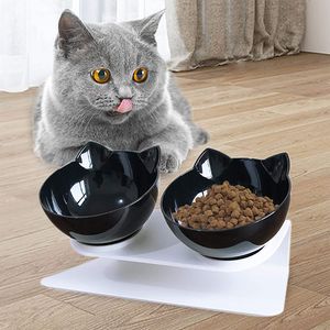 Dvojitá miska na krmivo pro kočky Miska na krmivo pro kočky s 15° náklonem a protiskluzovou základnou, na krmivo a vodu pro kočky a malé psy Černá barva