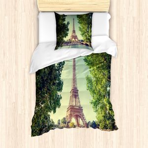ABAKUHAUS Paris Bettbezug Set für Einzelbetten, Eiffel Tower Seine River, Milbensicher Allergiker geeignet mit Kissenbezug, Grünes Mandelgrün Pale Braun