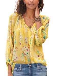Damen Blusen Blumen Chiffon Tshirt V-Ausschnitte Locker Tops Sommershirt Oberteile Gelb,Größe 4XL