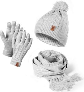 Damen Mütze Schal Winter Set | Gefütterte Strickmütze mit Bommel | Winterschal mit Fransen | Touchscreen Handschuhe Grau