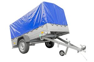 Auto Anhänger 230x125 Garden Trailer 230 KIPP Unitrailer 750 kg mit Stützrad, blauer Hochplane und Hochspriegel