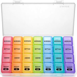 SUKUOS Tablettenbox 7 Tage Klein Pillendose 7 Tage 4 Fächer Deutsch Medikamentenbox Reise Morgens