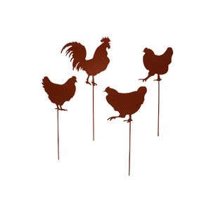 UNUS® Gartenstecker Hühner und Huhn 4er Set Rostoptik Gartendeko Roststecker