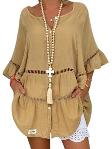 Damen Blusen Langarmshirts Button Down Tunika Oberteile Causal Einfarbig Elegant Hemd Khaki,Größe 4XL