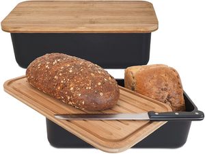 GADGY® Brotkasten Bambus - Brotdose mit Schneidebrett und Deckel - Brotkasten Schwarz - Luftdicht, Frischhalten - Mit Anti-Rutsch-Füßen