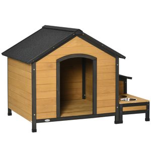 PawHut Hundehütte aus Holz Hundehaus Kleintierhaus mit 2 Hundeschüsseln Asphaltdach Outdoor wetterfeste Hütte für draußen Tannenholz Naturholz 130 x 93 x 92 cm