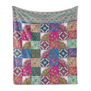 ABAKUHAUS Boho Weich Flanell Fleece Decke, Oriental Patchwork-Muster mit Vivid Motiven in Squares, 175 x 230 cm, Mehrfarbig
