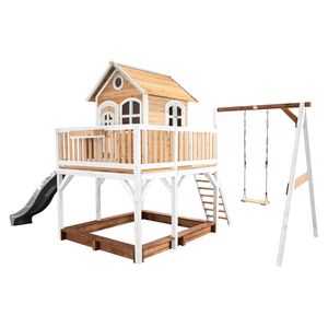 AXI Spielhaus Liam mit Sandkasten, Schaukel & grauer Rutsche | Stelzenhaus XXL in Braun & Weiß aus  Holz für Kinder | Spielturm mit Wellenrutsche