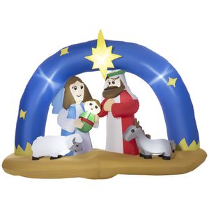 HOMCOM Aufblasbarer Weihnachtsbogen Bibel-Bogen von Jesus' Geburt 1,57 m Weihnachtsdeko mit LED Weihnachtskrippe mit Torbogen wasserdicht Polyester Blau+Braun 206 x 95 x 157 cm