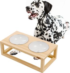 LOYPE Designový protiskluzový lakovaný stojan na misky ze smrkového dřeva, vysoce odolné smaltované misky vel. L (2x2,5 l; 680x365x220 mm)