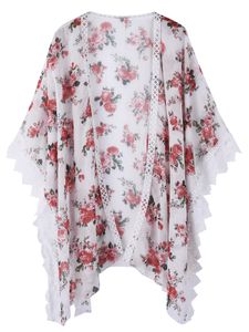 Damen Kimono Cardigan Boho Strickjacke Blumendruck Bikini Cover Up Chiffon Strandkleid Rote Blumen,Größe:M