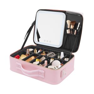 Make-up Case Make-up Bag se zrcadlem Kosmetická taška Organizér Světla 3 barevná nastavení Přenosná růžová